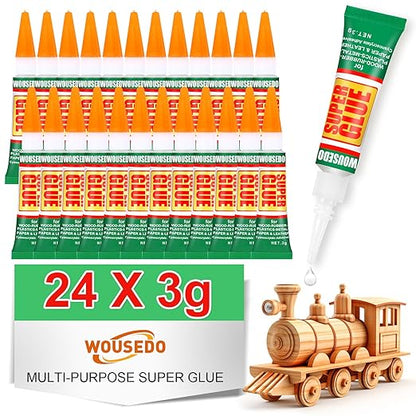 24 X 3g Super Glue Clear, Strong Adhesive,Super Glue Fast Drying Cyanoacrylate Glue for Wood,Rubber,Leather, Plastic, Metal, Rhinestone Jewelry, DIY Crafts and More