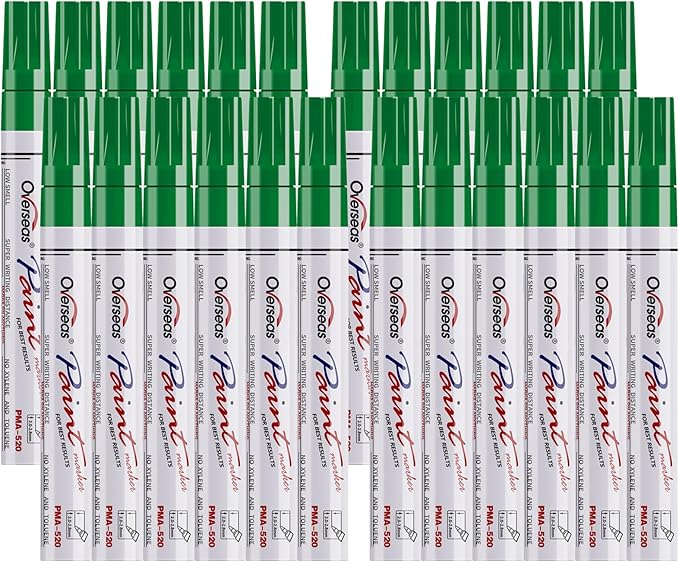 Overseas Green Paint Pens Permanent Markers 24 Pcs, Oil Based Paint Markers Set, Quick Drying, Waterproof, Medium Tip Marker Pens for Metal, Rock, Wood, Plastic, Canvas, Glass, Stone, Rubber, Paper