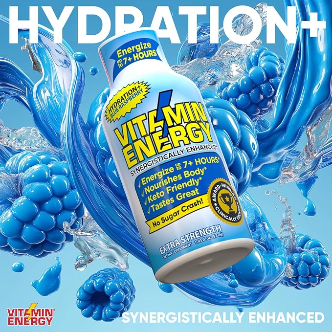 Vitamin Energy Hydration+ Extra Strength Energy Shot Blue Raspberry 8 Pack, 260mg Natural Caffeine, Electrolytes, BCAAs, Amino Acids, Hydration & Performance, Zero Sugar, Gluten-Free, 1.93 fl oz