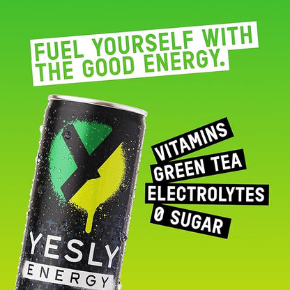 Yesly Energy - All Natural Clean Energy Drink - Zero Sugar Functional Energy Infused with Vitamins and Electrolytes - Green Apple, 12 Fl Oz (Pack of 12)