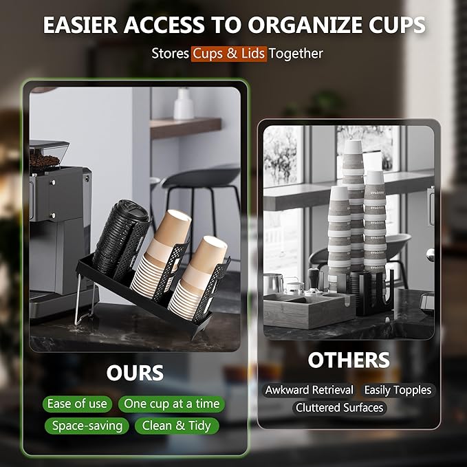 Paper Cup and Lid Holder, Disposable Coffee Cup Dispenser, 3-Slot Upright Paper Cup Dispenser for Coffee Stations, Kitchens, Bars, Restaurants, Lounges (Black)