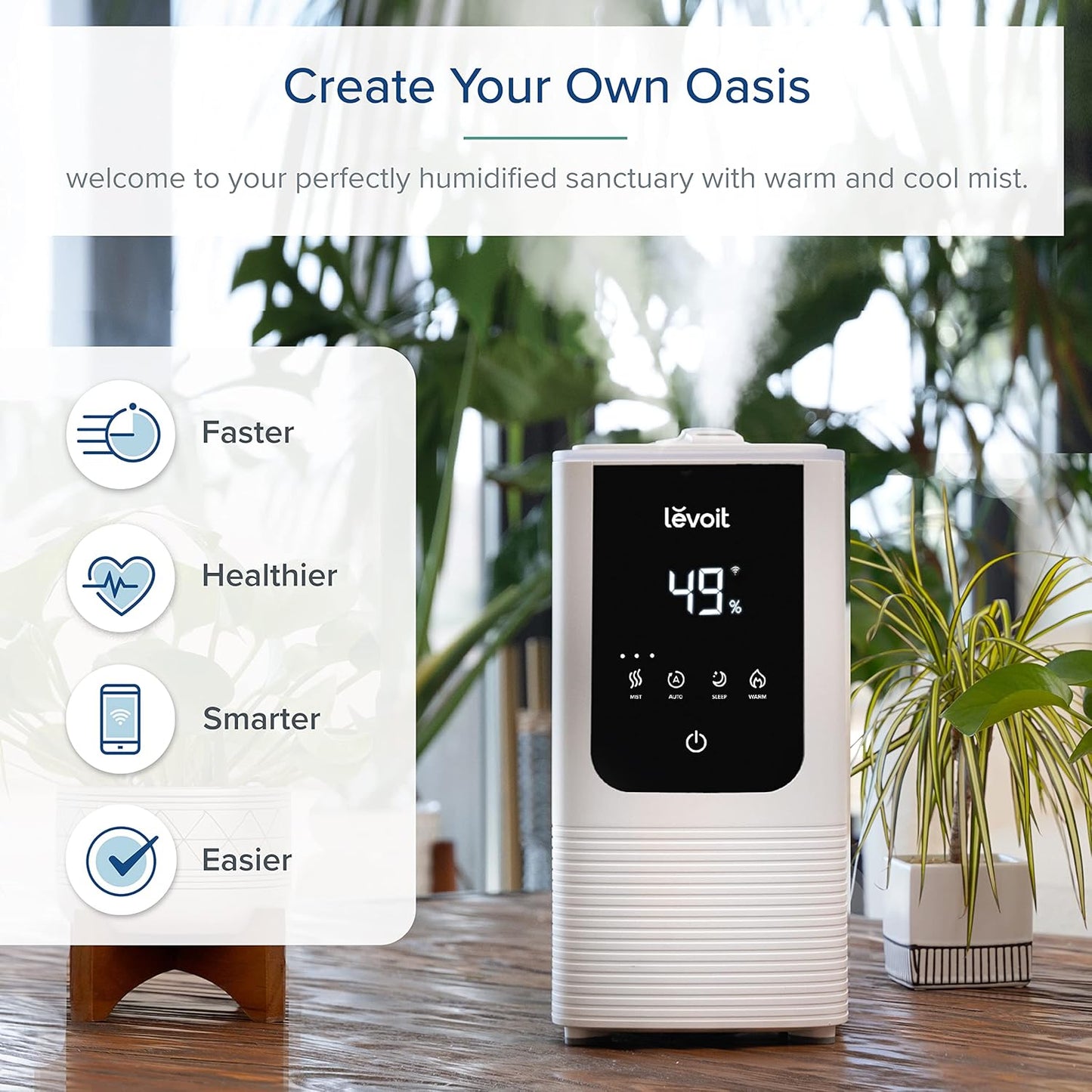 LEVOIT Humidifiers for Bedroom Large Room, Smart Warm & Cool Mist Air Humidifier for Home, Fast Symptom Relief, 26dB Quiet, Easy Top Fill, APP/Alexa, Auto Shut-Off, Essential Oil, OasisMist4.5L, White