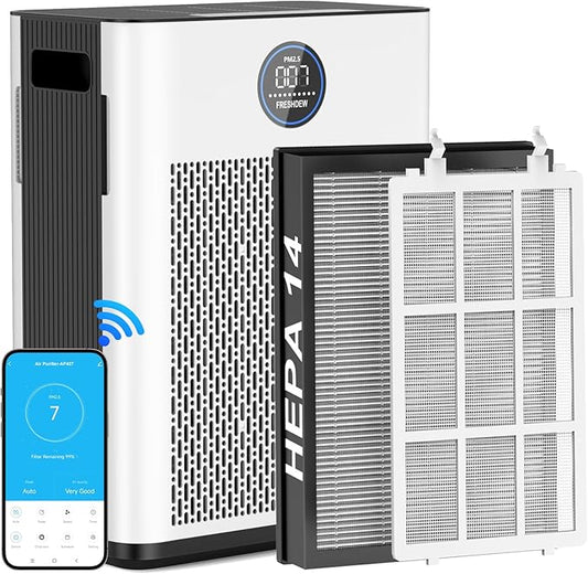 Air Purifier,FRESHDEW Smart WiFi Air Purifiers for Home with H14 HEPA and Activated Carbon Filter, Removes 99.99% of Dust,Odors,Smoke,and Pet Hair Covers up to 2300 Sq.Ft, Quiet and Energy Efficient