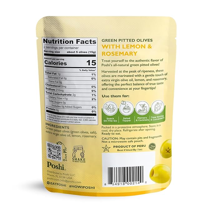 POSHI Green Pitted Olives - Lemon & Rosemary | Vegan, Kosher, Gluten Free + Keto Friendly, Fresh, All Natural Low Calorie Healthy Snacks | (30 Pack, 1.1oz Bags)