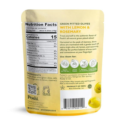 POSHI Green Pitted Olives - Lemon & Rosemary | Vegan, Kosher, Gluten Free + Keto Friendly, Fresh, All Natural Low Calorie Healthy Snacks | (30 Pack, 1.1oz Bags)