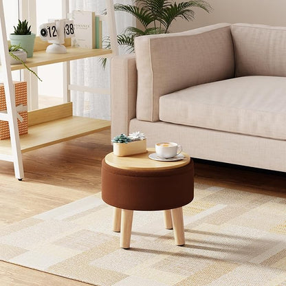 Poofzy Small Ottoman with Storage, Small Foot Stool Ottoman with Wood Legs, Velvet Foot Rest for Couch, Living Room and Bedroom - Brown