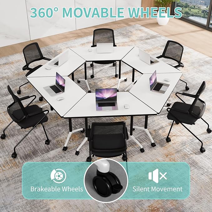 Conference Table, Foldable Conference Room Tables with Silent Wheels, Folding Modular Seminar Meeting Tables, Modern Rectangle Training Table for Office, Boardroom (6, Trapezoidal, 47.2)