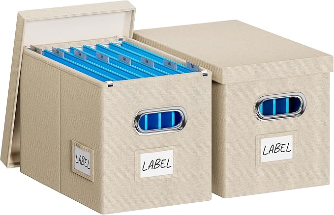 File Organizer Box with Lid - Set of 2 Portable Hanging filebox, Collapsible Linen Decorative Filing Storage Boxes for Office & Home File Cabinet (Beige 14 x 9.3 x 10.9 inch)