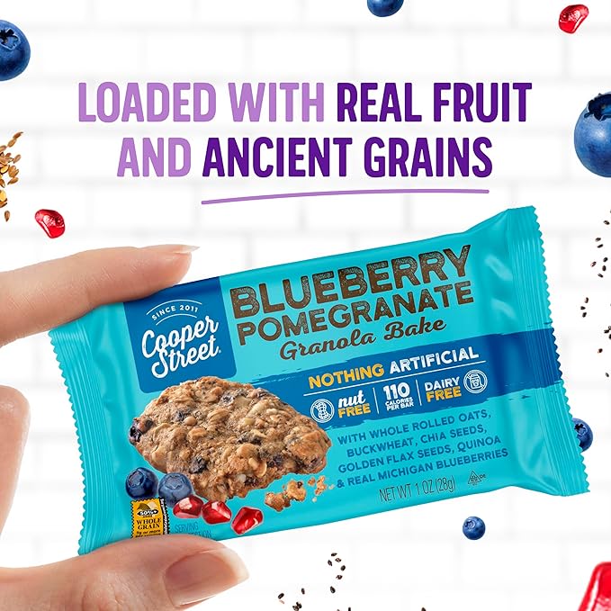 Cooper Street Granola Bakes in Delicious Blueberry Pomegranate Flavor | Healthy Chewy Granola Bars with Chia, Flax, Buckwheat and Oats | Individually Wrapped Healthy Breakfast Bars | 6 oz | 2 Pack