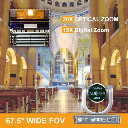 NDI PTZ Camera 4K, 20X Optical Zoom, HDMI USB3.0 SDI LAN PoE, NDI HX2 Certified, 1/2.8" 8.51-MP CMOS Sensor, AI Auto Tracking, 255 Presets, for Church Worship Live Streaming Conference Room