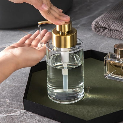 Enra Thick Glass Soap Dispenser with Stainless Steel Gold Pump,12oz Bathroom Hand Liquid Soap Dispensers,Lotion Dispenser,Soap Dispenser for Bathroom,Kitchen(Clear/Gold Liquid Type)