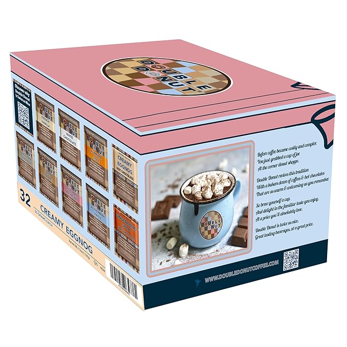Double Donut Coffee Creamy Eggnog Hot Chocolate Mix Packets, Flavored Eggnog Hot Cocoa Mix, 32 Count