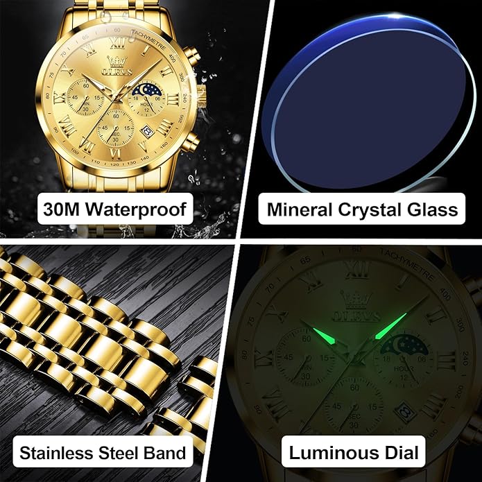 OLEVS Mens Stainless Steel Chronograph Watch, Big Face Roman Numerals Date Analog Quartz Dress Watches for Men, Fashion Multifunctional Waterproof Luminous Hands Men's Wristwatch