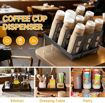Coffee Cup Holder, Paper Cup and Lid Holder, Universal Disposable Coffee Cup Dispenser for Coffee Stations & Restaurant, Bar, Breakroom (Dual Row - 6 Slots)