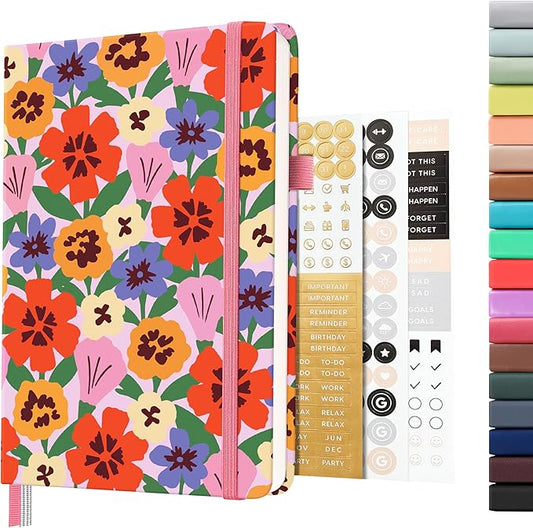 &And Per Se Dotted Journal Notebook, A5 Hardcover Bullet Dotted Journal, 160 Pages 100 gsm Thick Paper, 3 Sheets of Stickers Included - 5.7'' x 8'' (Elegant Florals)