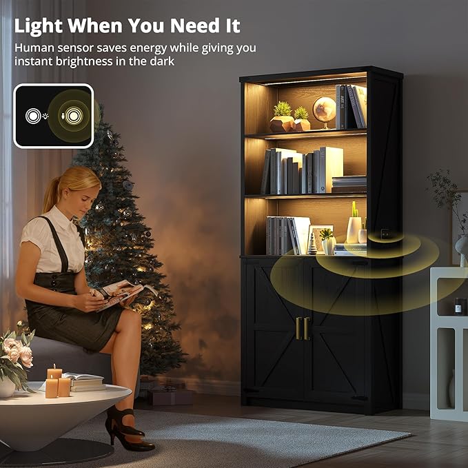 HWB Bookshelf and Bookcase with Doors, Farmhouse 5 Tier Book Shelves with Storage Cabinet, Floor Standing Bookcases with 3-Color Lights for Home Office, Living Room, Bedroom, Black