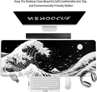 MEWOOCUE® Gaming Mouse Pad for Desk,Large Sea Wave Mousepad Laptop,Black White Japanese Anime Mouse Mat,Long XXL Waterproof Keyboard Pads,Big Non-Slip Mouse Pads for Game Office Home（31.5 x 11.9 in）