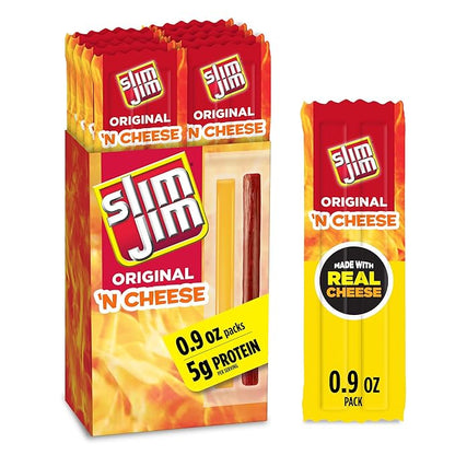 Slim Jim Beef 'N Cheese Smoked Meat Sticks, Original Flavor, 5g Protein Per Serving, Snack Size, Stocking Stuffer, 0.9 oz. (10 Count)