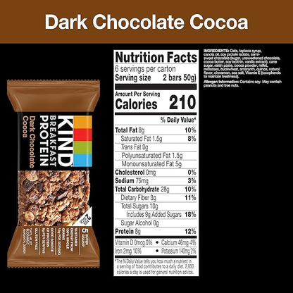 KIND Breakfast Protein Bars, Dark Chocolate Cocoa, Healthy Snacks, Gluten Free, 8g Protein, 30 Count