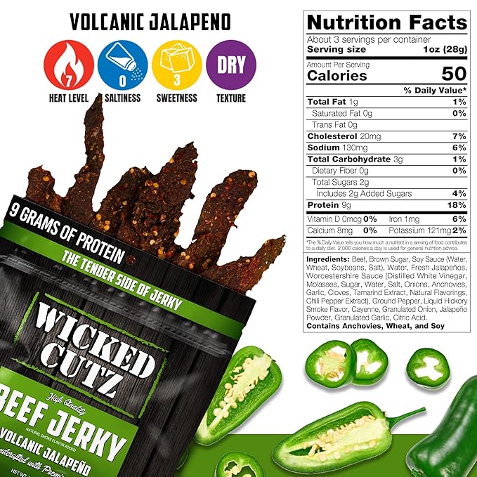Wicked Cutz Volcanic Jalapeño Spicy Beef Jerky, 27g Protein Per Serving, Tender & Easy to Chew Alternative to Beef Sticks, USA Made High Protein Carnivore Snacks (2 Bags)
