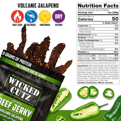 Wicked Cutz Volcanic Jalapeño Spicy Beef Jerky, 27g Protein Per Serving, Tender & Easy to Chew Alternative to Beef Sticks, USA Made High Protein Carnivore Snacks (2 Bags)