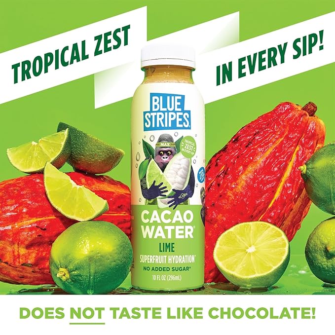 Blue Stripes Cacao Water - Cold Pressed Superfruit Hydration with Electrolytes & Antioxidants, No Sugar Added, All Natural, Great for Protein Shakes & Smoothies - Lime, 6 Pack