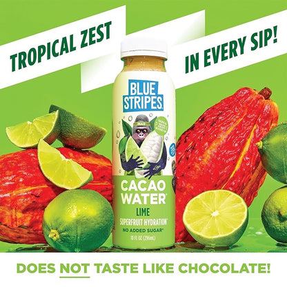 Blue Stripes Cacao Water - Cold Pressed Superfruit Hydration with Electrolytes & Antioxidants, No Sugar Added, All Natural, Great for Protein Shakes & Smoothies - Lime, 6 Pack