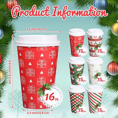 Yaomiao 90 Pack 16 oz Christmas Disposable Coffee Cups with Lids Bulk Christmas Paper Cups for Hot Cocoa Chocolate Tea Beverage Drinking, Xmas Holiday Winter Party Supplies
