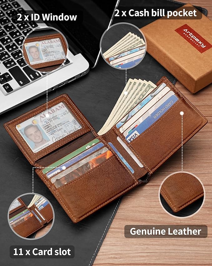 Mens Wallet Bifold Genuine Leather RFID Blocking Wallet for Men with 2 ID Windows 11 Card Holders 2 cash pockets 1 Gift Box