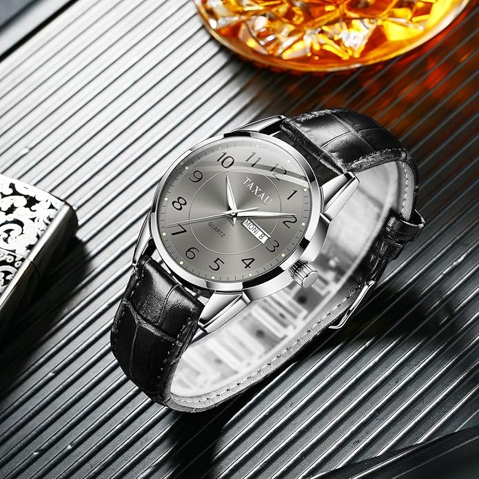 Men's Watch Big Face Easy Read Arabic Numeral Dress Watches for Men Classic Black Brown Leather Band Analog Mens Wrist Watch with Day and Date Fashion Business Waterproof Luminous Quartz Watch