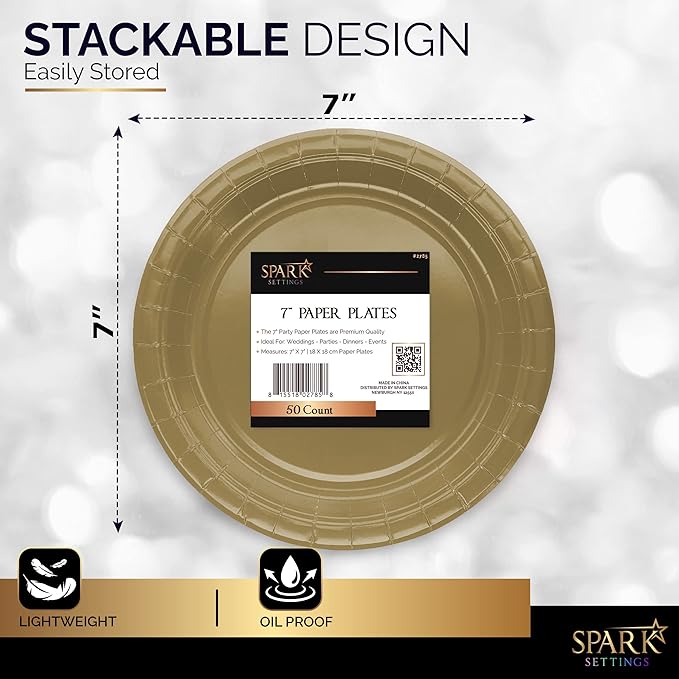 Gold Paper Plates, 6 3/4 Inch Dessert Plates, Strong & Sturdy for Parties, Dinners, Holidays, Picnics & Travel - Pack of 50