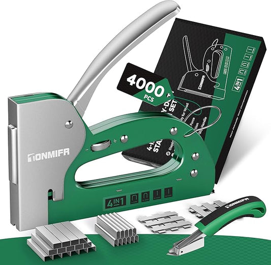 Heavy Duty 4 in 1 Staple Gun Larger Size, Effortless Operation - 1080° Force Adjustment, Stapler Gun for Upholstery, Carpentry, Wood, Fabric, Furniture, Wall & DIY with Remover & 4000 Staples