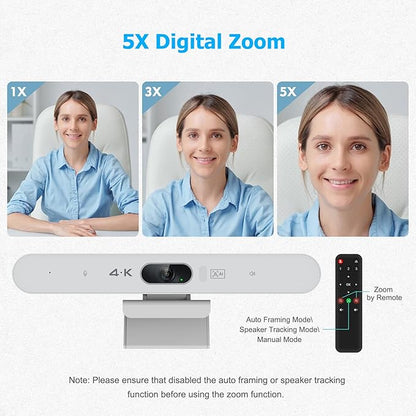 Conference Room Camera, All-in-One 4K Webcam with Microphone and Speaker, AI Tracking and Auto Framing, Wide Angle of View, Plug and Play USB Webcam for PC, Mac, Meetings, Teams, Zoom & Webex (White)