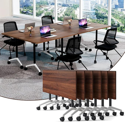 Folding Conference Table,Conference Table with Wheels,Large Flip-Top Training Table,Freely Combinations,Easy to Move for Offices, Schools,Training Rooms（6,Walnut,55