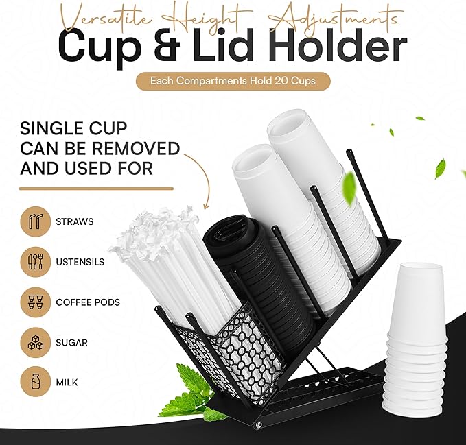 Oslow Cup Dispenser - Heavy-Duty Metal Coffee Cup Holder for Countertop with Adjustable Height - Cup Organizer for Restaurant, Cafe, Office Kitchen or Break Room, Home Coffee Bar - 11.5x4.5x15", Black