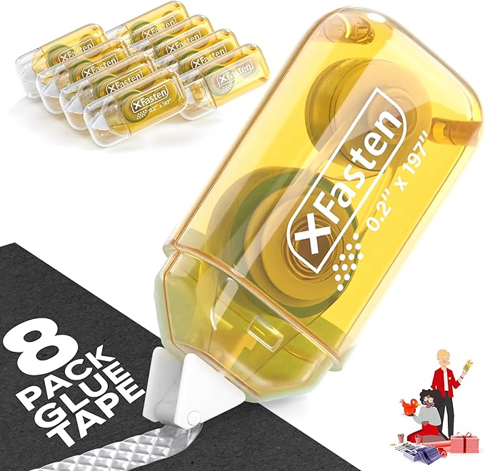 Mini Japan Dots Adhesive Roller .20-Inx197-In (985” Total) 8-Pack, Yellow Scrapbook Adhesive Tape Glue Roller Runner, Photo Tape- Scrapbooking-XFasten