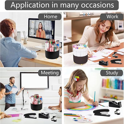 Office Desk Accessories, Black Office Supplies 360°Pen Holder Desk Organizers And Accessories with Tape Dispenser, Stapler, Staple Remover, 1000 Staples, Tape, Clips Set, Ruler, Scissor, Pen