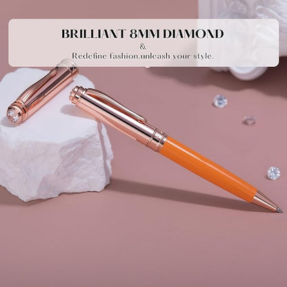 Luxury Gel Pen, Top Set With 8mm Brilliant Diamond,Bright Orange Pen Lacquer,Rose Real Gold Finish, Black Refill,Elegant Gift Pen For Women, Unique, Office,Nice Designer Pens