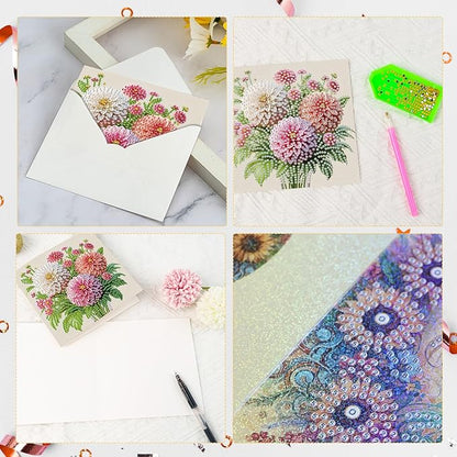 6pcs creative gift of diamond art painting birthday cards - flowers chrysanthemum, greeting card with envelope, handmade DIY painting birthday card art craft card kit postcards for family and friends