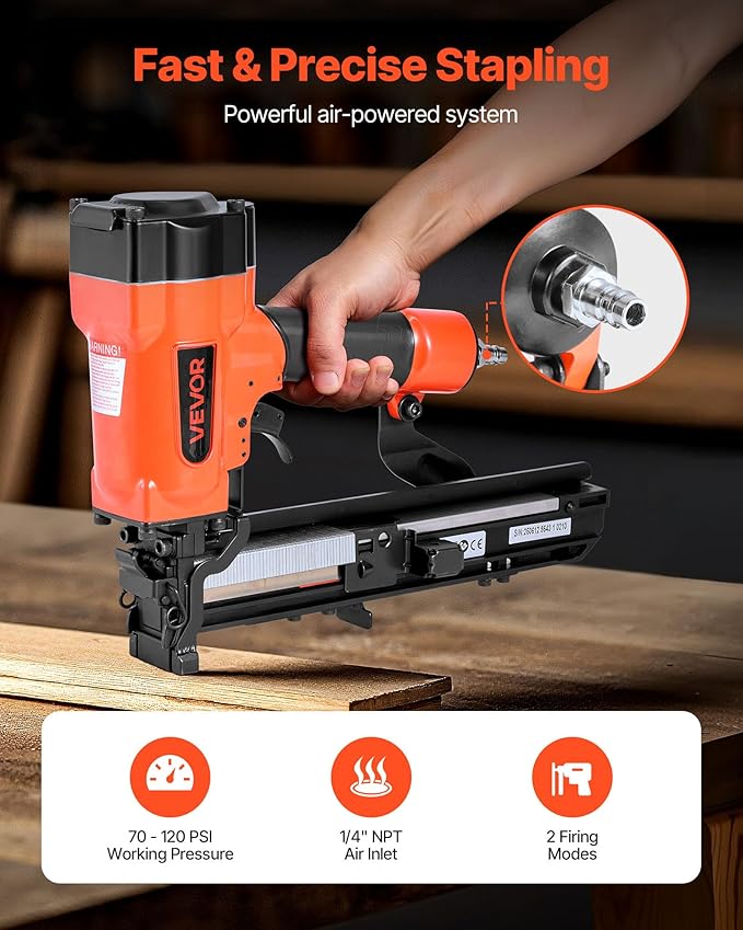 VEVOR Pneumatic Staple Gun, 16 Gauge 1-inch Wide Crown Pneumatic Stapler 5/8" to 1-1/2" Length, 70-120PSI Air Staple Gun with Two Firing Modes for Roof Decking, Wall Sheathing, Fencing, Subflooring
