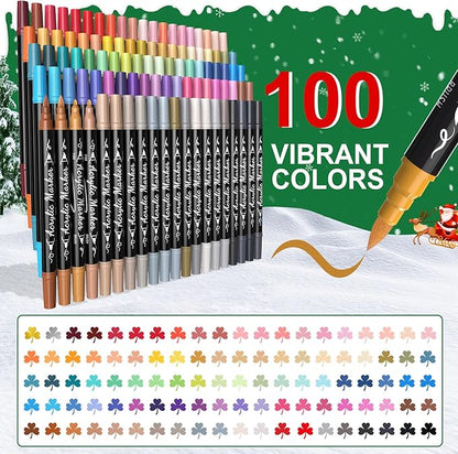 100 Colors Acrylic Paint Markers Waterproof Dual Tip Acrylic Paint Pens with Brush & Fine Tip Professional Marker Set Scrapbook Markers for Paper Rock Wood Fabric Glass Ceramic and DIY Crafts