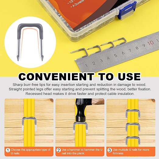 Tanstic 540 Pcs Insulated U Staple Nail Assortment Set with Storage Case, 4 Sizes Metal Cable Staple for Wood Fixing Wires Cables