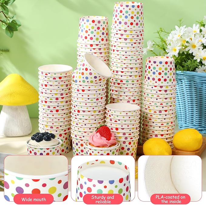 Honeydak 400 Pack 150 ml/ 5 oz Rainbow Polka Ice Cream Cups for Party Small Ice Cream Cups Disposable Treat Paper Cups Dessert Snacks Sundae Yogurt Container Wedding Birthday Party Supplies