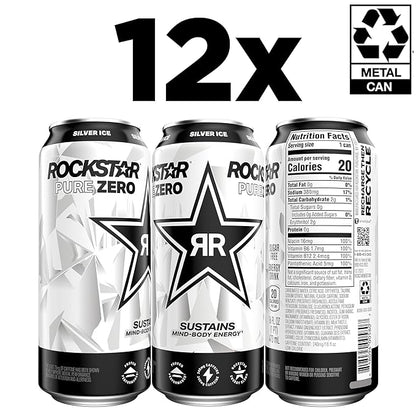 Rockstar Pure Zero Energy Drink, Silver Ice, 0 Sugar, with Caffeine and Taurine, 16oz Cans (Pack of 12) (Packaging May Vary)
