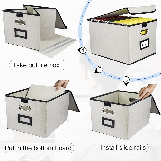 Collapsible File Organizer Box, filing Storage boxes for hanging files with lid, Linen Portable file folder box with handle, Decorative Document Storage Bins for Office/Home/School(Beige)