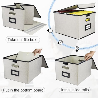 Collapsible File Organizer Box, filing Storage boxes for hanging files with lid, Linen Portable file folder box with handle, Decorative Document Storage Bins for Office/Home/School(Beige)