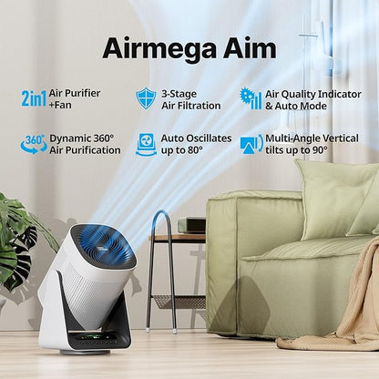 COWAY Air Purifier for Home Bedroom, 2-in-1 with Fan, True HEPA Filter for Smoke, Allergies, Pet Dander, Odor, Air Quality Monitor, Auto Mode, Remote Control, Timer, 3-Year Warranty, Aim, White