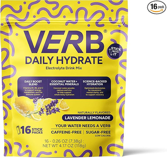 Verb Daily Hydrate Sugar Free Electrolyte Drink Mix - Lavender Lemonade, Zero Sugar Instant Hydration Packets for Daily Use, Essential Electrolytes Powder for Rehydration, Dehydration Relief, 12 Pack