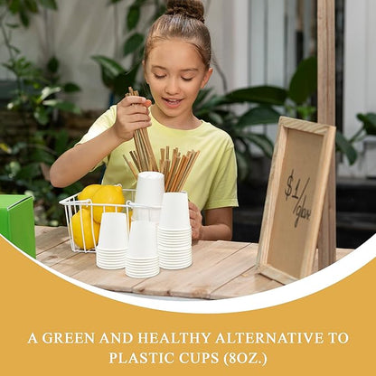 three leaf 8 Oz. Disposable Paper Cups, (White) 200 Ct. (4 Packs Of 50), Hot/Cold Cup For Coffee, Water, Tea, Juice, Picnic, Party, Travel And Events