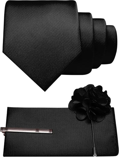 JEMYGINS Formal Necktie Solid Color Tie and Pocket Square with Tie Clip Lapel Pin Sets for Men 4PCS